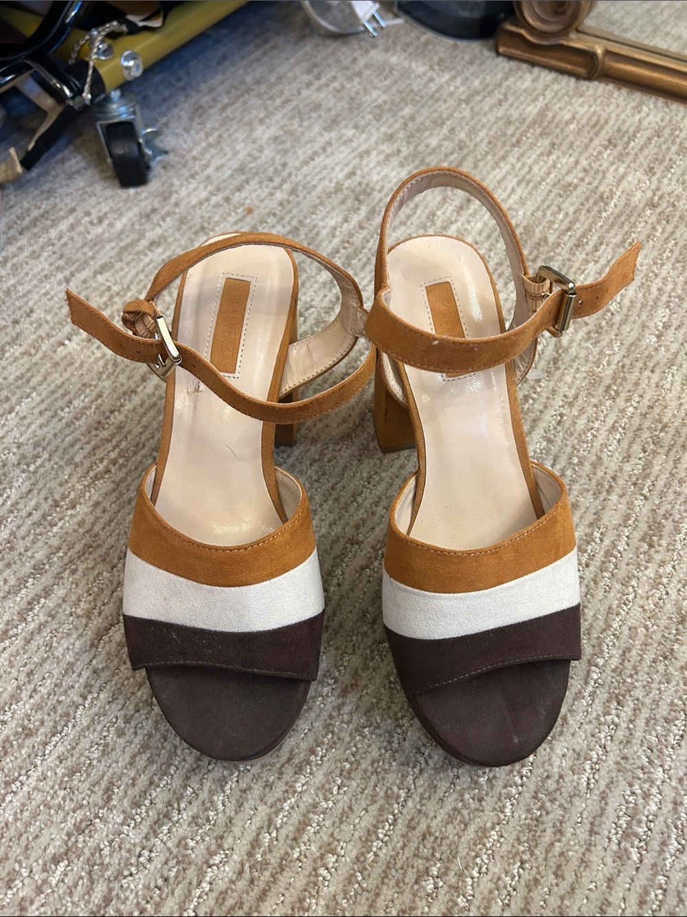 Forever 21 Tan, White & Brown Suede Block Heel Sandals